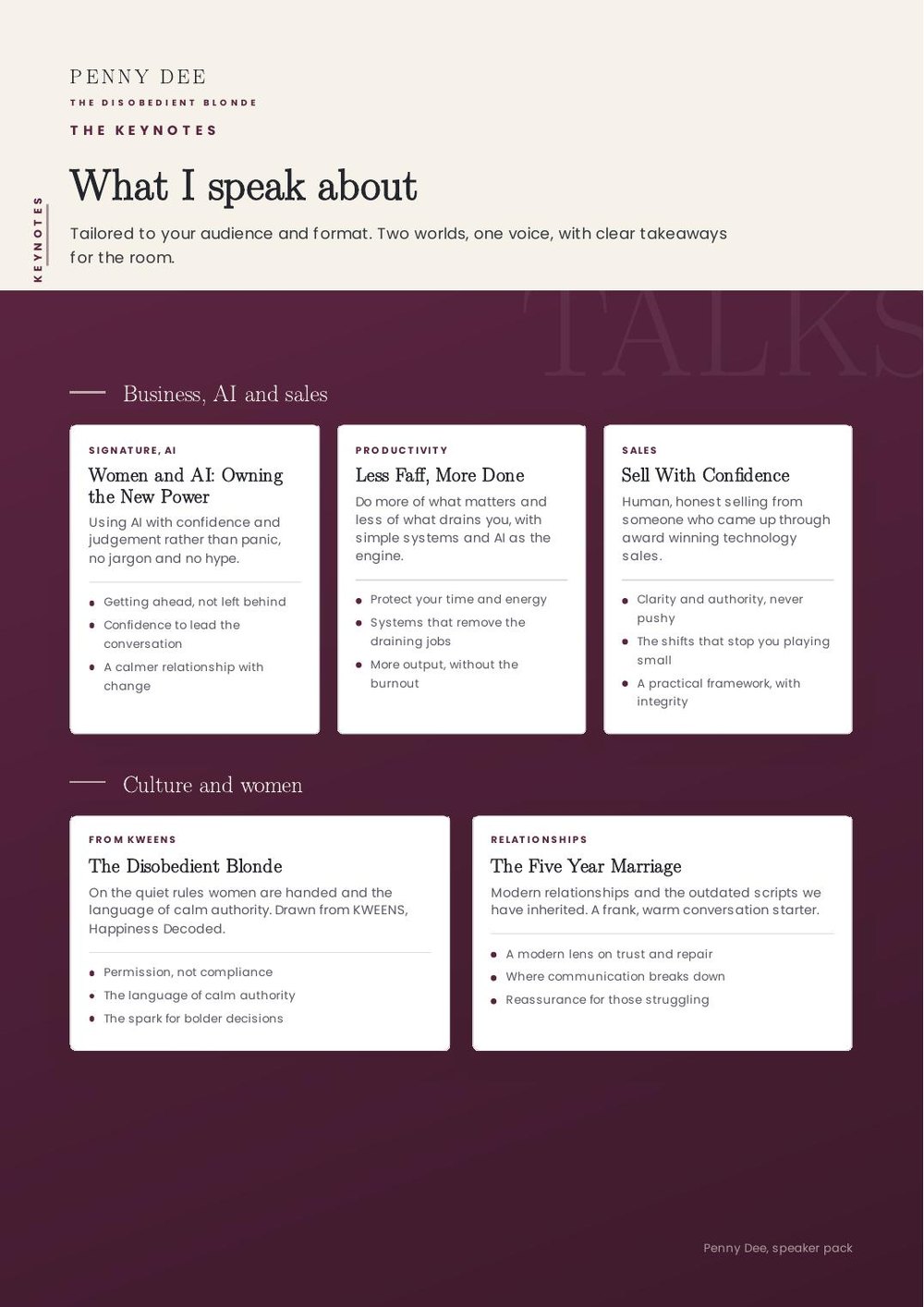 Speaker pack, page three, the keynotes