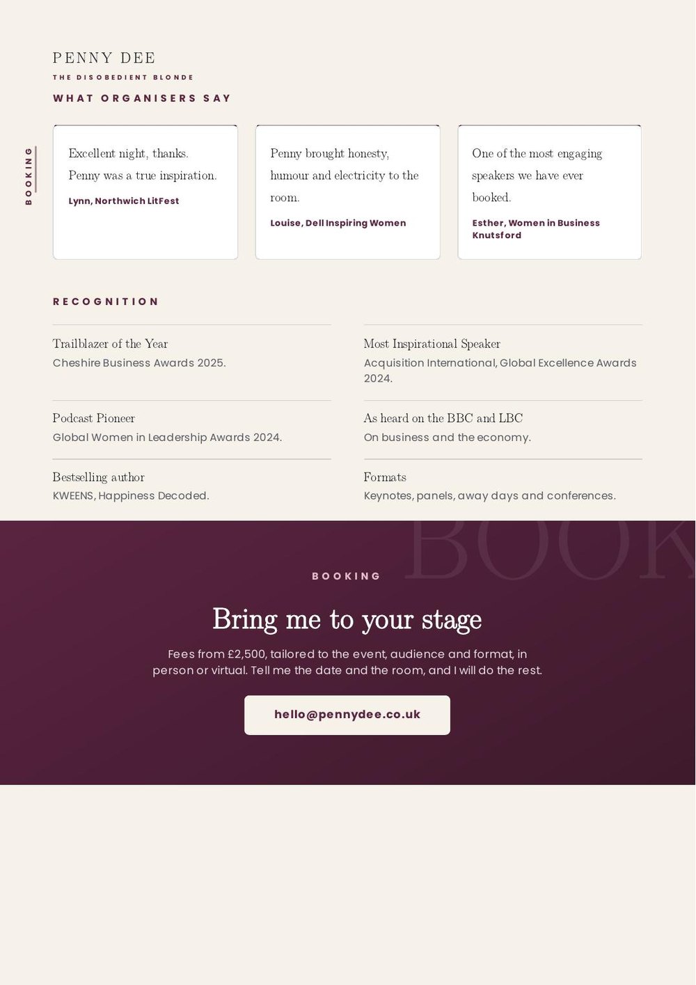Speaker pack, page four, what organisers say and booking
